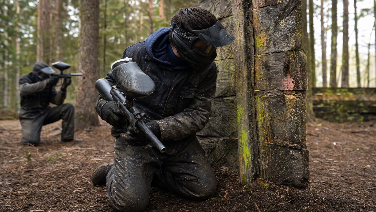 JGA Paintball – Spieler in Deckung auf dem Spielfeld im Wald